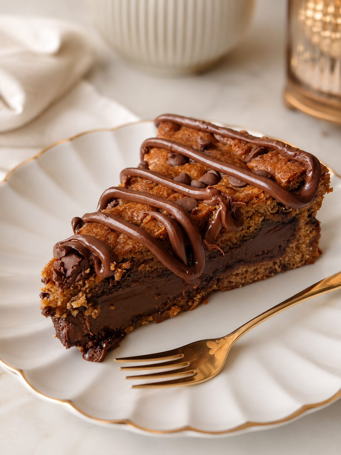 Fatia de torta de cookies artesanal recheada com chocolate da Mariage Confeitaria